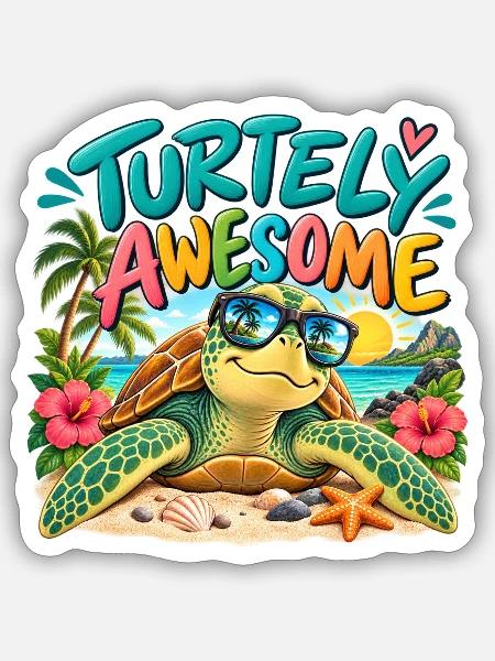 Turtely Awesome Beach Turtle - Sticker Größe S (10 x 10 cm) - Mattweiß