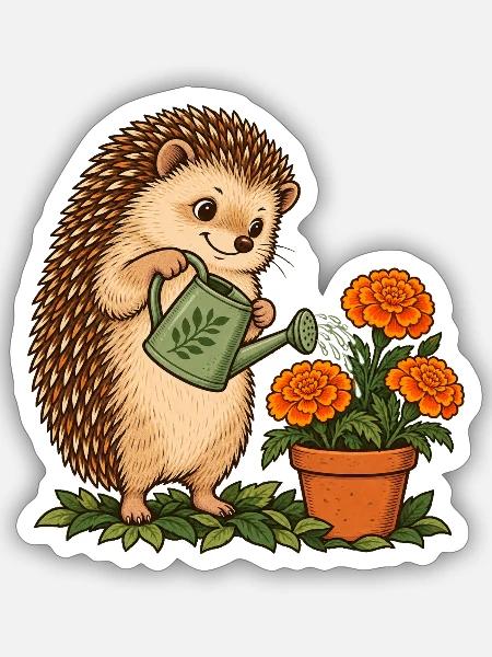 Igel beim Gärtnern - Sticker Größe S (10 x 10 cm) - Mattweiß