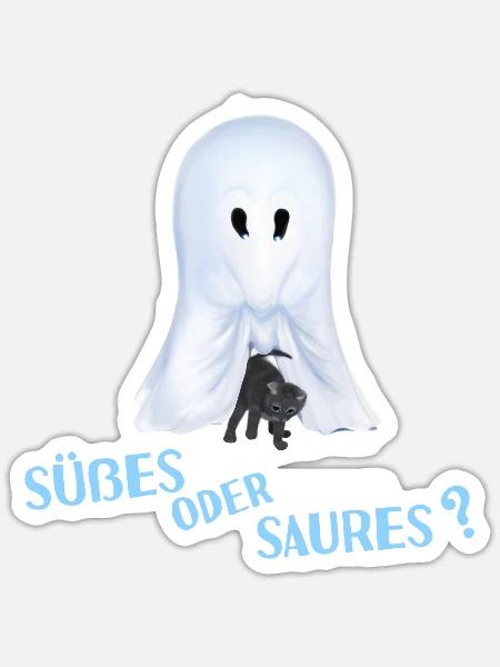Süßes oder Saures - Gespenst mit Katze - Sticker Größe S (10 x 10 cm) - Mattweiß