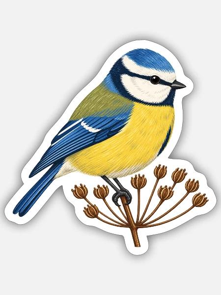 Blaumeise auf Samenstand – Gartenvogel - Sticker Größe S (10 x 10 cm) - Mattweiß