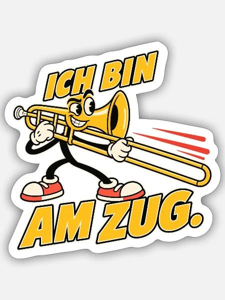 Ich bin am Zug – Lustiges Posaunen-Maskottchen - Sticker Größe S (10 x 10 cm) - Mattweiß