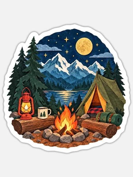 Mondnacht am Lagerfeuer - Sticker Größe S (10 x 10 cm) - Mattweiß