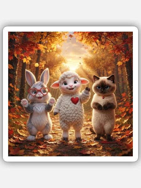 Fluffy Love Herbstfreunde Kuscheltiertrio - Sticker Größe S (10 x 10 cm) - Mattweiß