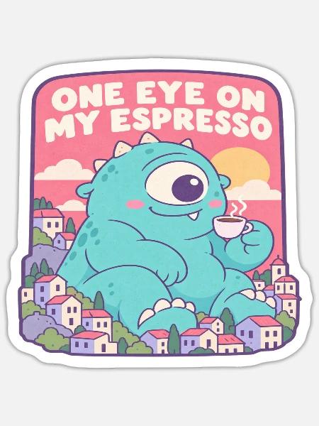 Einäugiger Espresso Monster - Sticker Größe S (10 x 10 cm) - Mattweiß