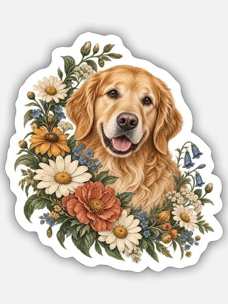 Golden Retriever im Wildblumenkranz - Sticker Größe S (10 x 10 cm) - Mattweiß