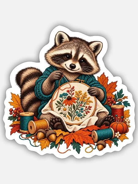 Waschbär stickt Herbstblumen - Sticker Größe S (10 x 10 cm) - Mattweiß