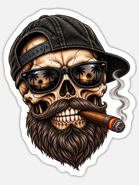 Skull Vibes – Bartmode auf Bearded Skull - Sticker Größe S (10 x 10 cm) - Mattweiß