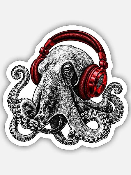 Octopus Beats mit Roten Kopfhörern - Sticker Größe S (10 x 10 cm) - Mattweiß