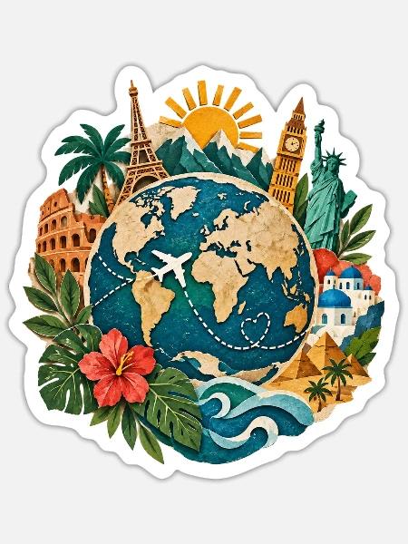 Weltreise Globus mit Landmarken - Sticker Größe S (10 x 10 cm) - Mattweiß