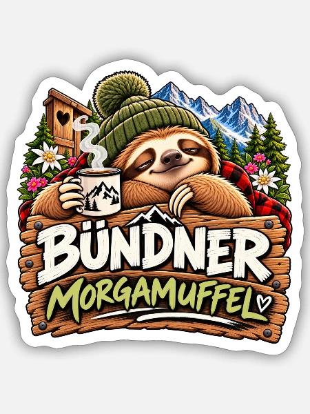 Bündner Morgamuffel Sloth - Sticker Größe S (10 x 10 cm) - Mattweiß