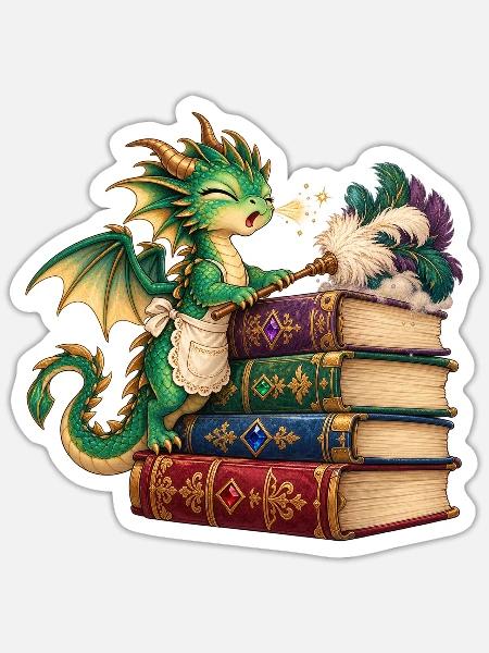 Drachenlesezauber auf Bücherstapel - Sticker Größe S (10 x 10 cm) - Mattweiß