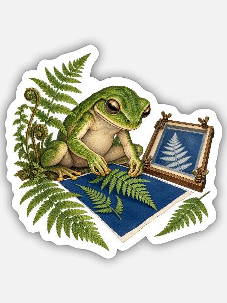 Frosch fertigt eine Farn-Cyanotypie - Sticker Größe S (10 x 10 cm) - Mattweiß
