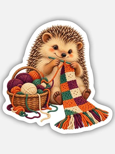 Igel häkelt einen Patchwork-Schal - Sticker Größe S (10 x 10 cm) - Mattweiß