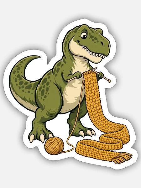 Strickender T-Rex - Sticker Größe S (10 x 10 cm) - Mattweiß