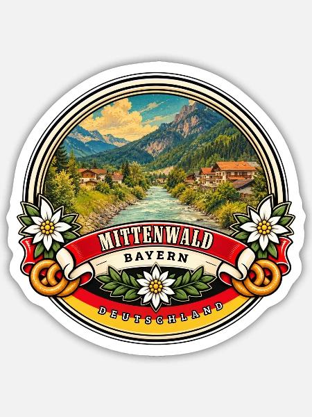 Mittenwald Bayern Vintage Reisedesign - Sticker Größe S (10 x 10 cm) - Mattweiß