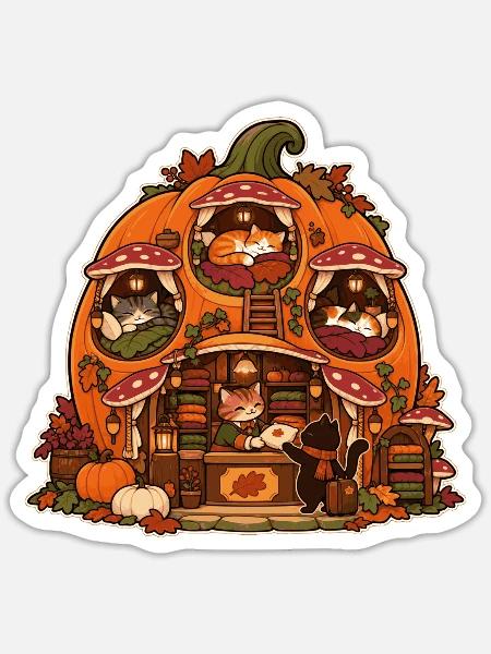 Katzenkürbishaus - Sticker Größe S (10 x 10 cm) - Mattweiß