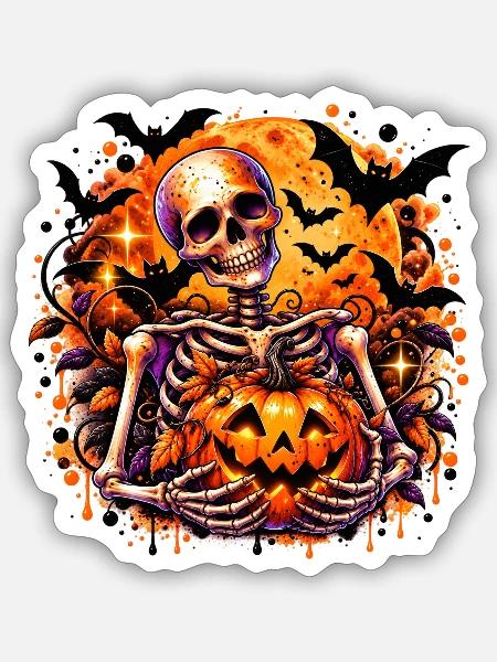Skelett mit Pumpkin Halloween-Motiv - Sticker Größe S (10 x 10 cm) - Mattweiß