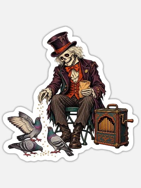 Skelett im Hut füttert Tauben - Sticker Größe S (10 x 10 cm) - Mattweiß