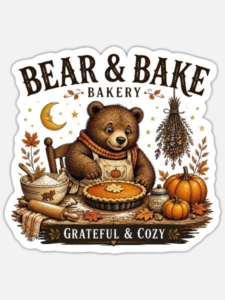 Bear Bake Gemütliche Herbstbäckerei - Sticker Größe S (10 x 10 cm) - Mattweiß