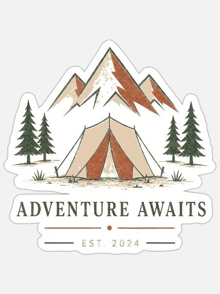 Abenteuer wartet Zelt & Berge - Sticker Größe S (10 x 10 cm) - Mattweiß
