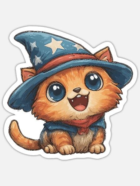 Katzenzauberer mit Sternenhut - Sticker Größe S (10 x 10 cm) - Mattweiß
