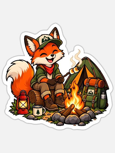 Fuchs beim Camping am Lagerfeuer - Sticker Größe S (10 x 10 cm) - Mattweiß