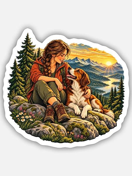 Wanderin mit Hund in den Bergen - Sticker Größe S (10 x 10 cm) - Mattweiß