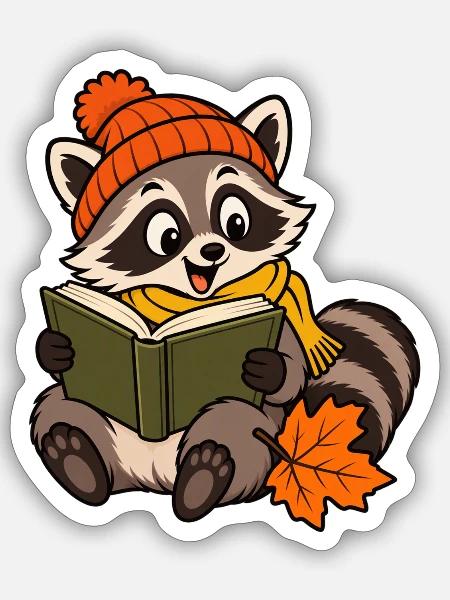 Der Waschbär liest - Sticker Größe S (10 x 10 cm) - Mattweiß