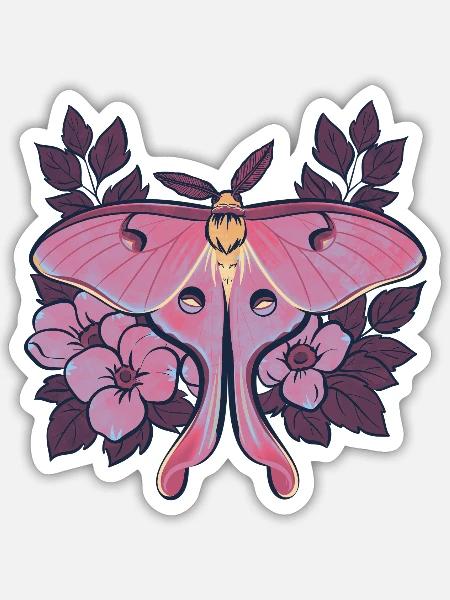 Pink Moon Moth im Blumenrahmen - Sticker Größe S (10 x 10 cm) - Mattweiß