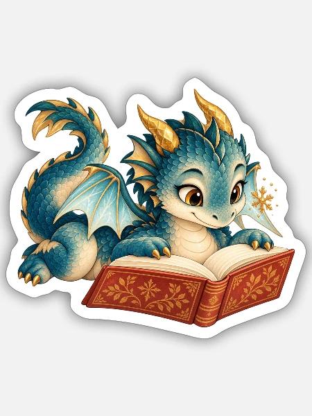 Blaues Drachen-Lesebuch - Sticker Größe S (10 x 10 cm) - Mattweiß