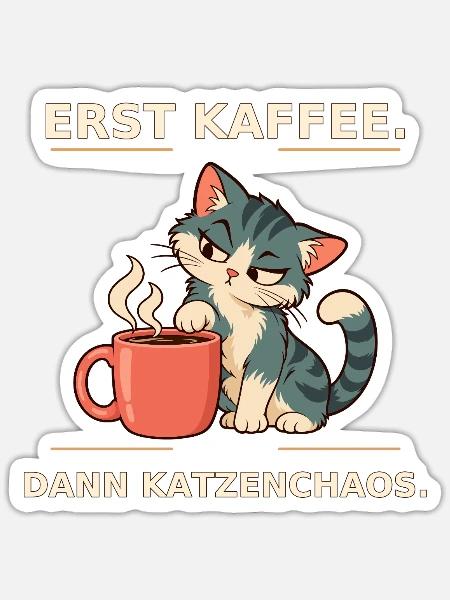 Erst Kaffee, Dann Katzenchaos - Sticker Größe S (10 x 10 cm) - Mattweiß