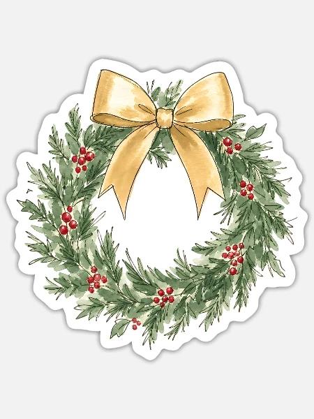 Eleganter goldener Weihnachtskranz mit Schleife - Sticker Größe S (10 x 10 cm) - Mattweiß