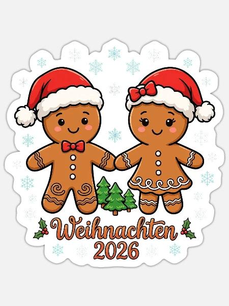 Weihnachten 2026 Lebkuchenmann & Lebkuchenfrau - Sticker Größe S (10 x 10 cm) - Mattweiß
