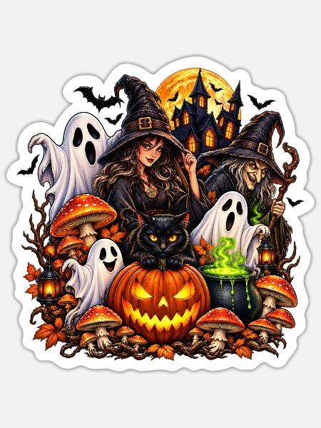 Magische Halloween Hexen & Geist - Sticker Größe S (10 x 10 cm) - Mattweiß