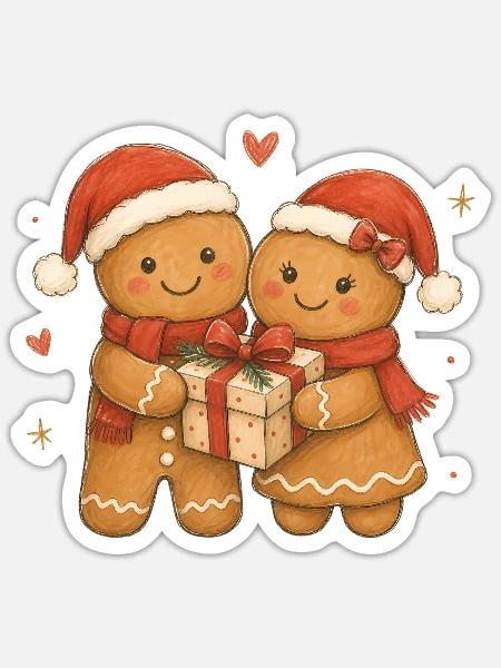 Aquarell-Lebkuchen-Paar mit Geschenk - Sticker Größe S (10 x 10 cm) - Mattweiß