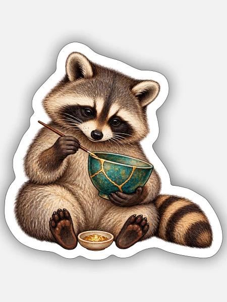 Waschbär repariert eine Schale mit Kintsugi - Sticker Größe S (10 x 10 cm) - Mattweiß