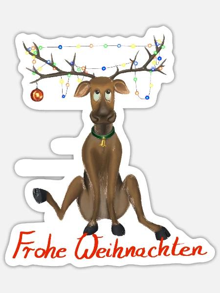 Rentier Frohe Weihnachten - Lichterkette im Geweih - Sticker Größe S (10 x 10 cm) - Mattweiß