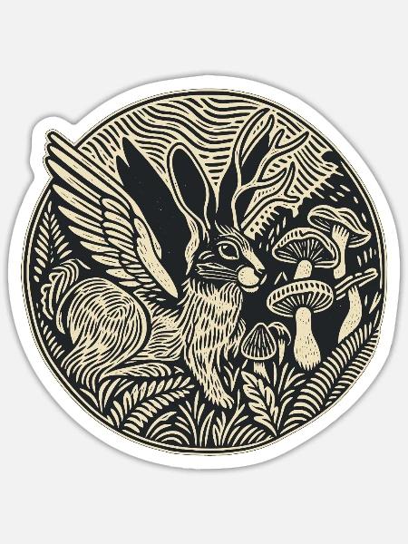Wolpertinger im Linolschnitt - Sticker Größe S (10 x 10 cm) - Mattweiß
