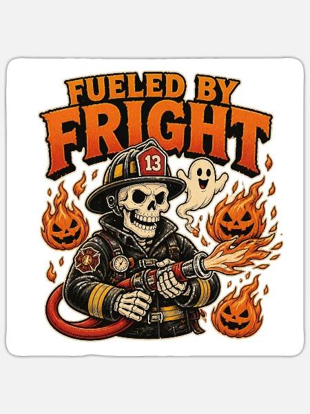 Powered by Fright – Lustiger Halloween-Feuerwehrmann - Sticker Größe S (10 x 10 cm) - Mattweiß