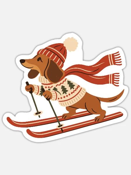 Dackel auf Skiern - Sticker Größe S (10 x 10 cm) - Mattweiß
