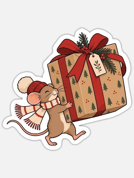 Christmas Mouse With Gift - Sticker Größe S (10 x 10 cm) - Mattweiß