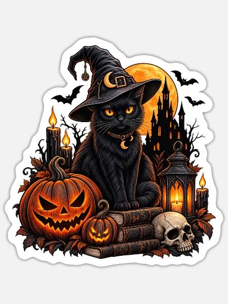 Magische Halloween-Katze im Gothic-Stil - Sticker Größe S (10 x 10 cm) - Mattweiß