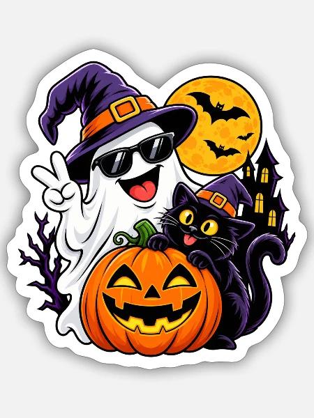 Geister Katze - Halloween-Pumpkin Spaß - Sticker Größe S (10 x 10 cm) - Mattweiß