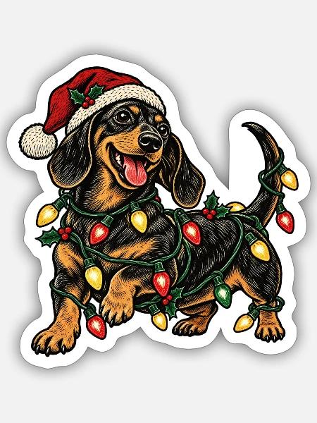 Weihnachtsdackel mit Lichterketten - Sticker Größe S (10 x 10 cm) - Mattweiß