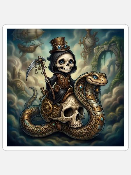Steampunk-Skelett reitet auf der Schlange - Sticker Größe S (10 x 10 cm) - Mattweiß