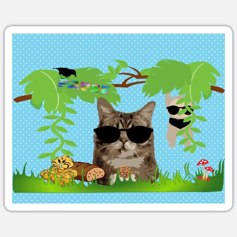 Brotdose oder Maske Katze cool und Faultier - Sticker Größe S (10 x 10 cm) - Mattweiß