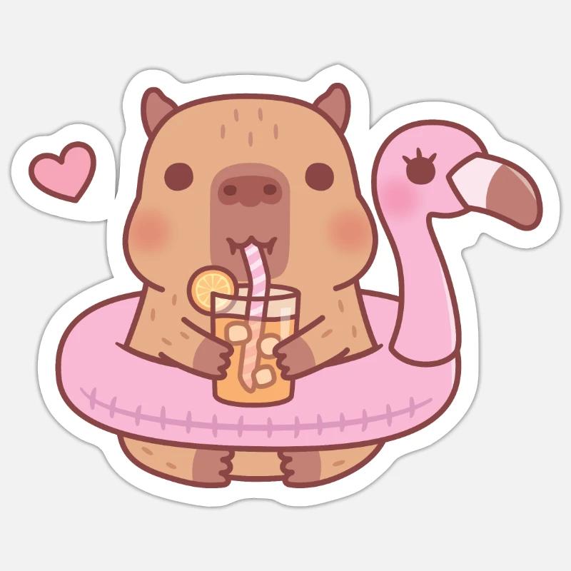 Süßes Capybara In Rosa Flamingo Pool Float - Sticker Größe S (10 x 10 cm) - Mattweiß