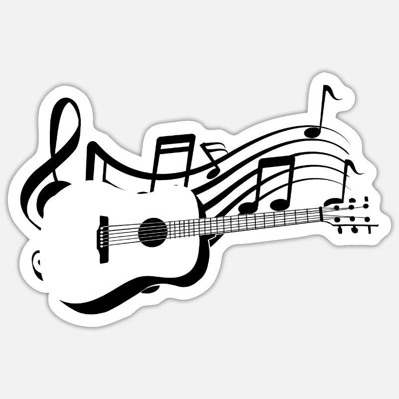 Guitare classique sur partition notes de musique - Sticker taille S (10 x 10 cm) - blanc mat