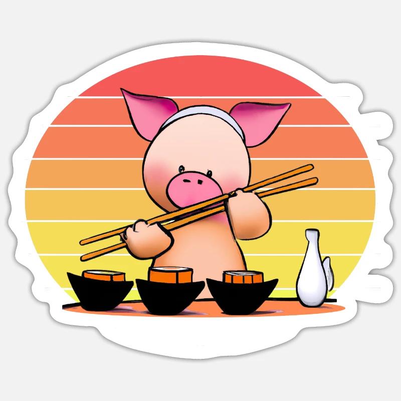 Schwein versucht Sushi mit Stäbchen - Sticker Größe S (10 x 10 cm) - Mattweiß