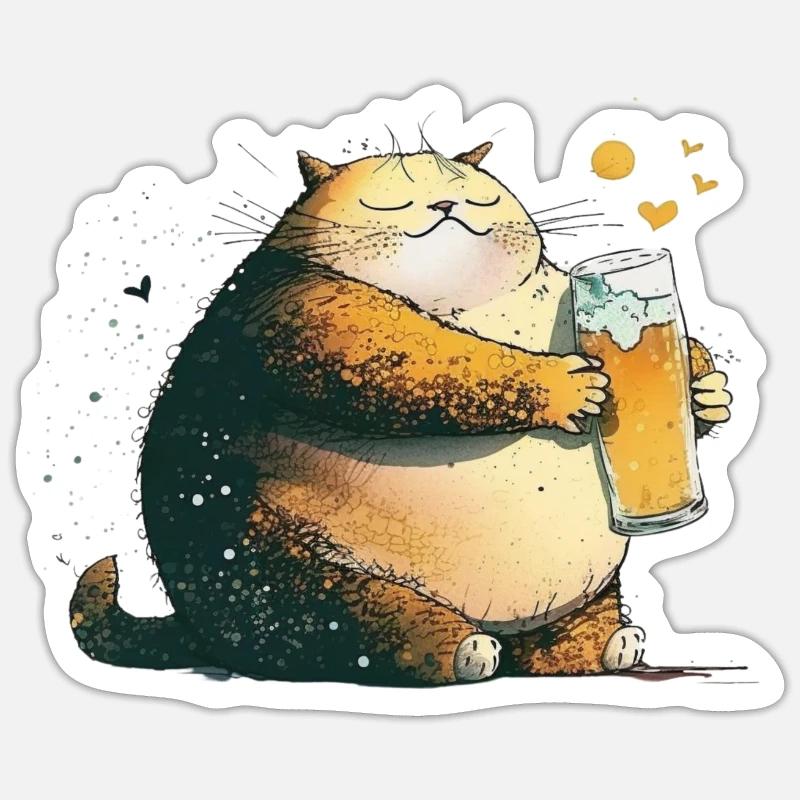 Zufriedene Katze mit Bier - Sticker Größe S (10 x 10 cm) - Mattweiß